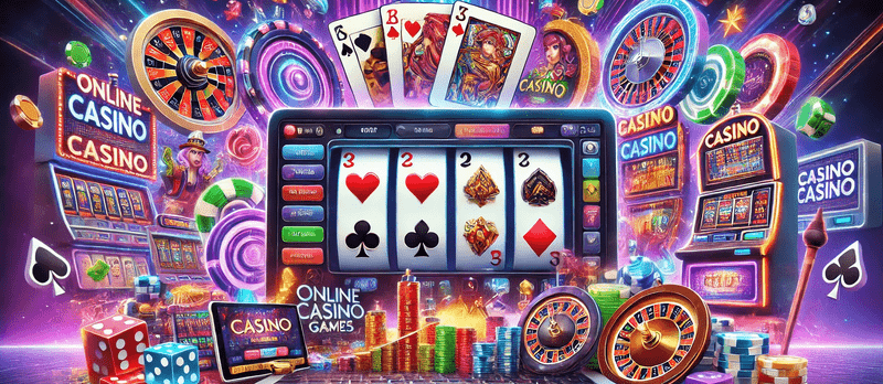 A vibrant and luxurious casino scene featuring a mix of slot machines, card tables, roulette wheels, and poker tables. The setting should include colo